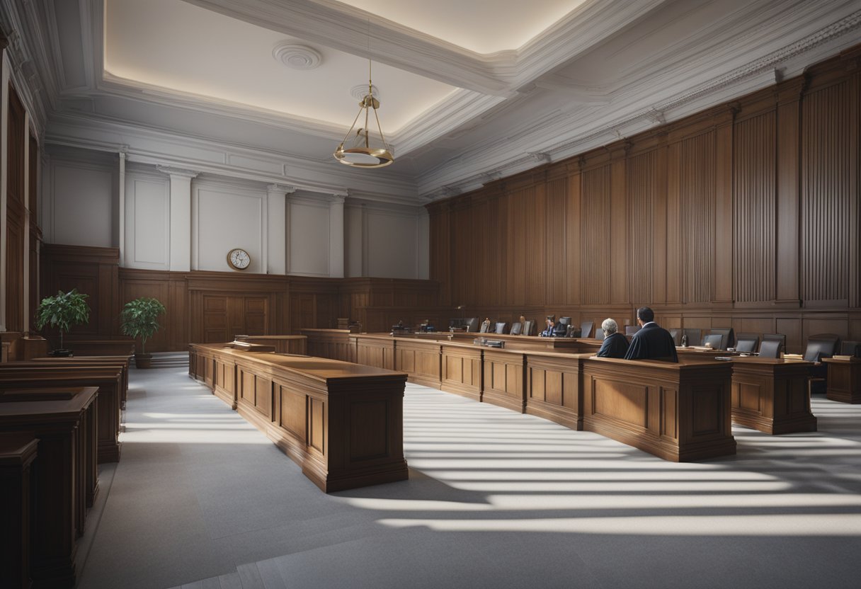 The scene depicts a courtroom with a judge presiding over a trial. Lawyers are presenting arguments while the defendant and witnesses await their turn to speak. The atmosphere is tense and serious